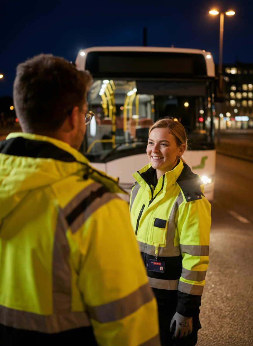 Två tekniker i varsel framför en parkerad buss med stad i bakgrunden